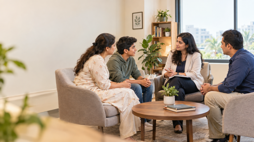 Family therapy session in a modern Chennai mental health clinic, featuring a female therapist meeting with parents and their teenage child in a comfortable, supportive setting that promotes communication, empathy, and stronger family relationships.