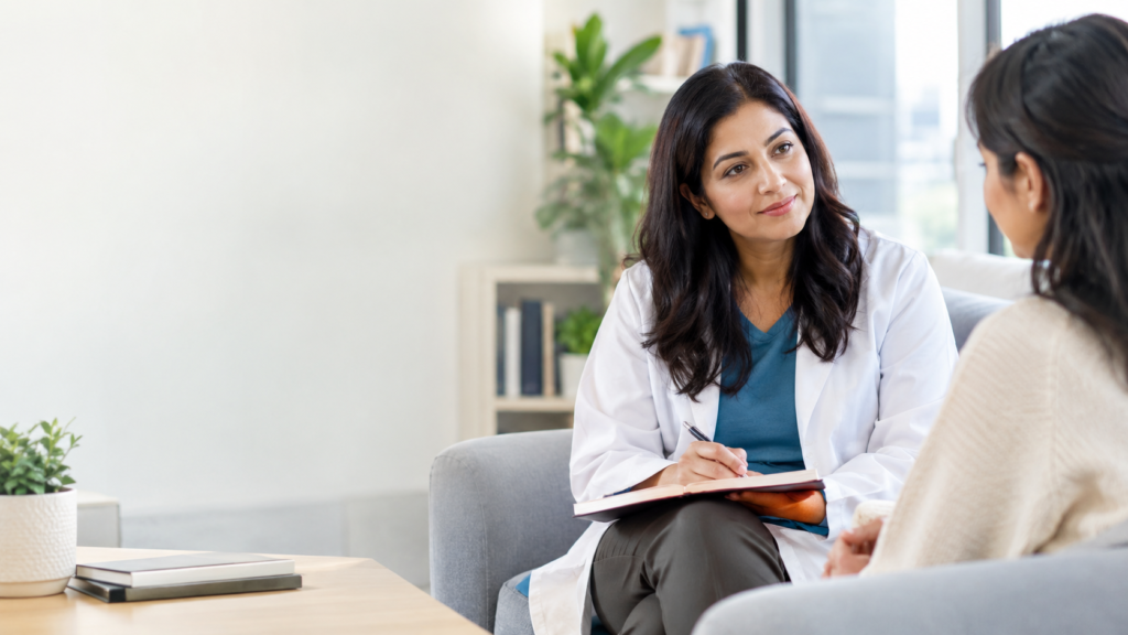Female psychiatrist providing counseling and therapy to an adult patient in a modern mental health clinic.