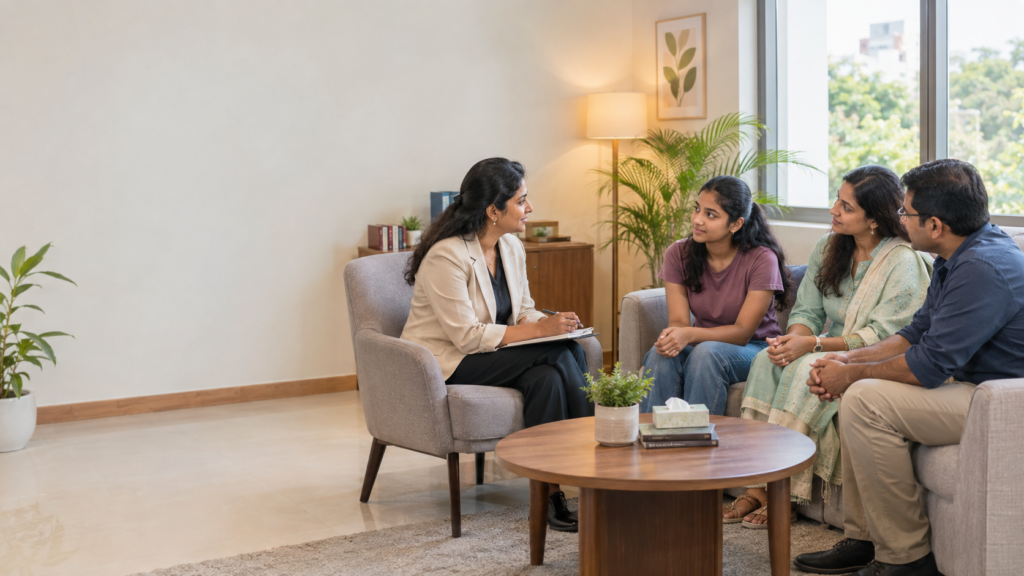 Family therapy session in a Chennai mental health clinic with a female therapist counseling Indian parents and their teenage child in a calm, welcoming setting.