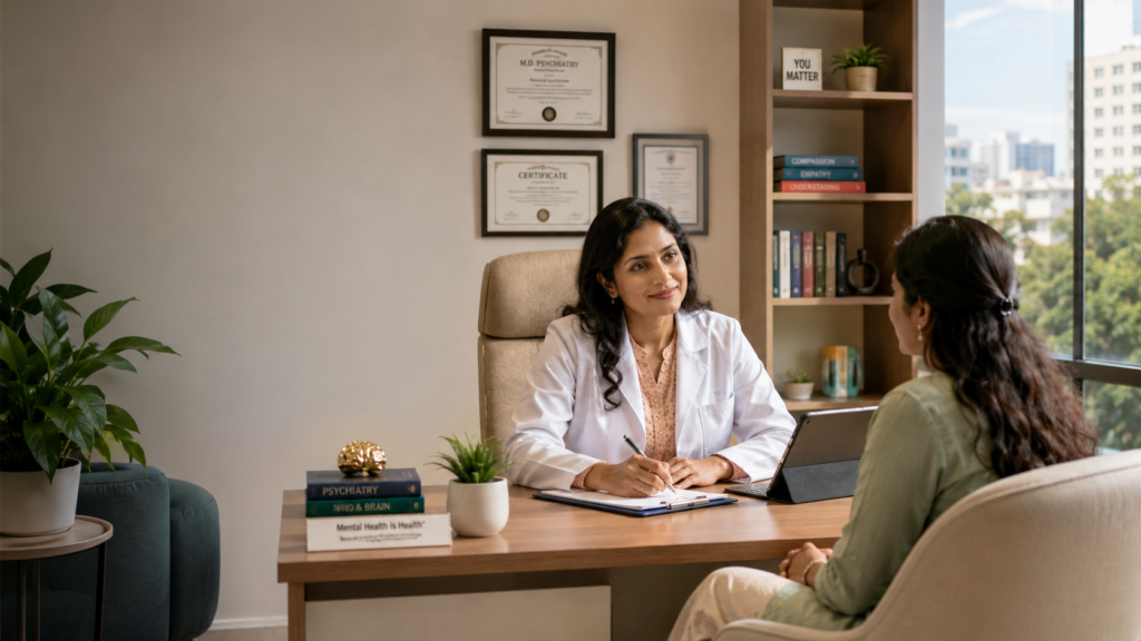 Professional female psychiatrist in Chennai conducting a compassionate mental health consultation with a patient in a modern clinic, seated across a desk in a warm, welcoming environment with natural light, certificates, indoor plants, and wellness-focused décor, symbolizing trust, emotional support, and personalized psychiatric care.