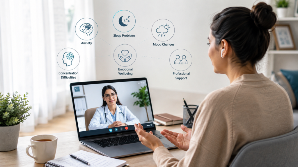 Professional online psychiatrist conducting a secure video consultation with an adult patient at home. The patient sits at a modern desk with a laptop, notebook, tea cup, and indoor plant, while the psychiatrist appears on-screen in a professional clinical setting. Subtle mental health icons representing anxiety, sleep issues, mood changes, concentration difficulties, emotional wellbeing, and professional support surround the scene, conveying trust, accessibility, and compassionate online psychiatric care.